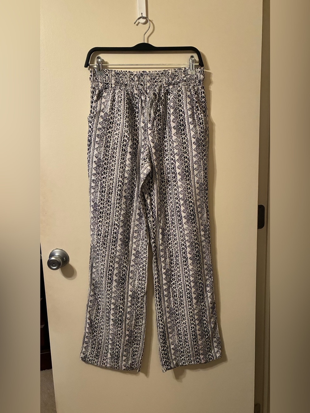 SO Wide-Leg Linen Blend Pants Drawstring Stretch Boho Tribal Print Coastal L